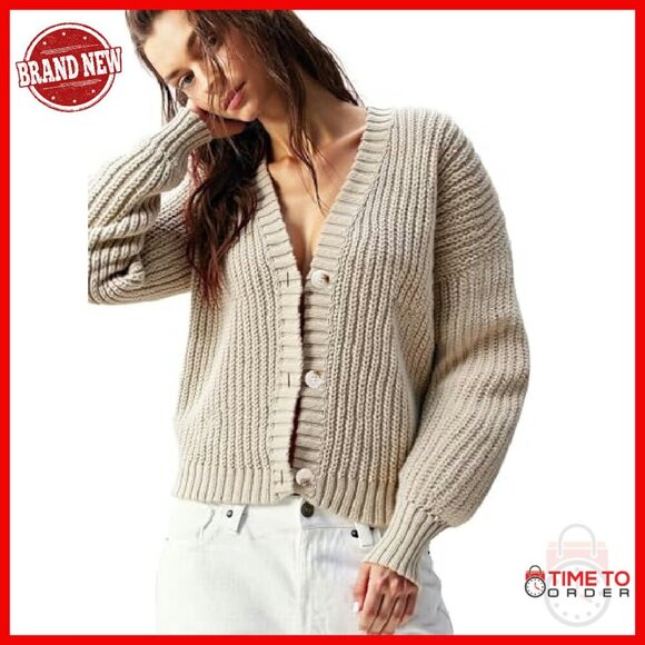 Chunky Knit Cardigan Oversized V-Neck Waffle Texture Sweater - Picture 7 of 7